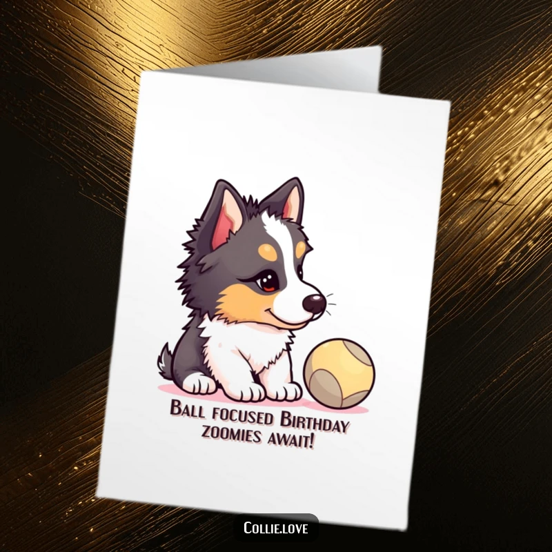 Funny Free Printable Collie Puppy Birthday Card: Cute dog with head tilted, intently focused on a bouncing ball, ready for fun.