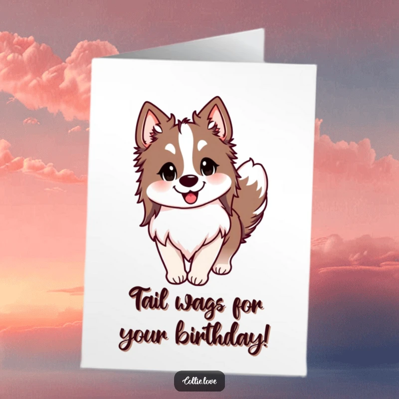 Funny Free Printable Collie Birthday Card: A happy Collie dog with perked ears and a big smile, tail wagging enthusiastically.