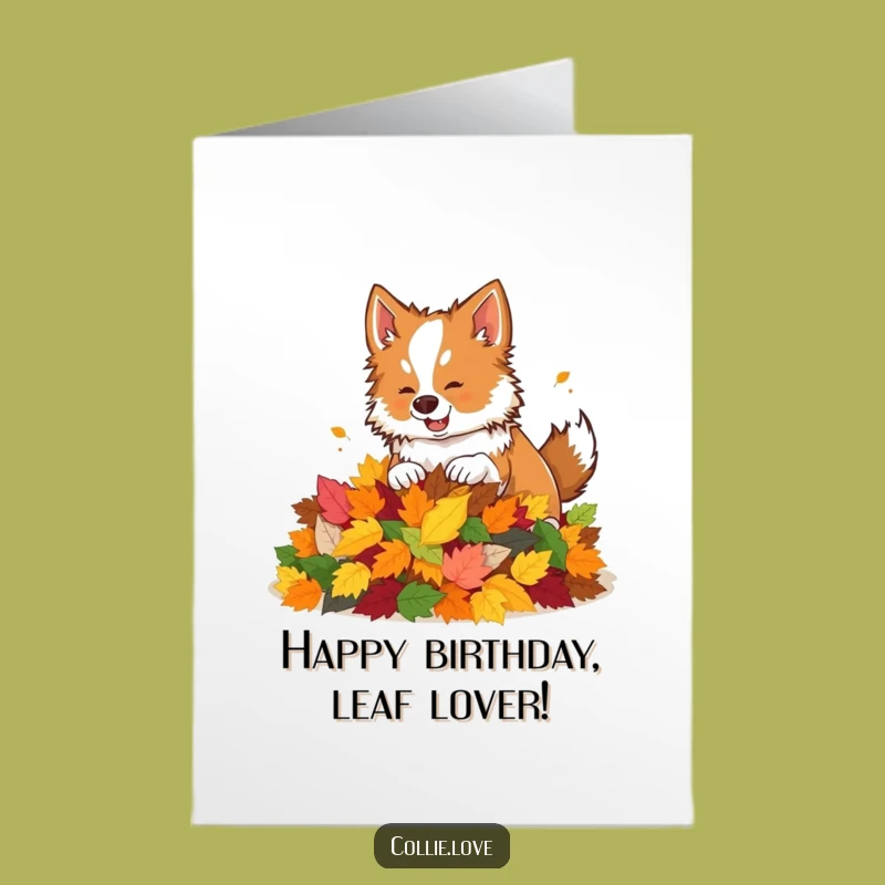 Free Printable Birthday Card: Playful Collie Leaves - Autumn Funny Downloadable Gift