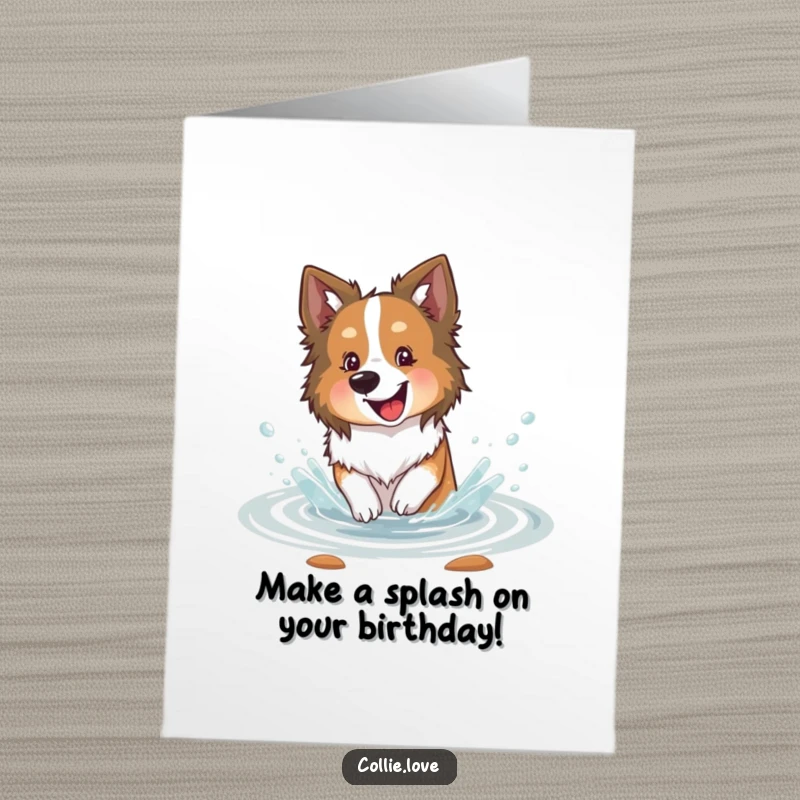 Funny Free Printable Birthday Card: Collie dog gleefully splashing water in a shallow stream.