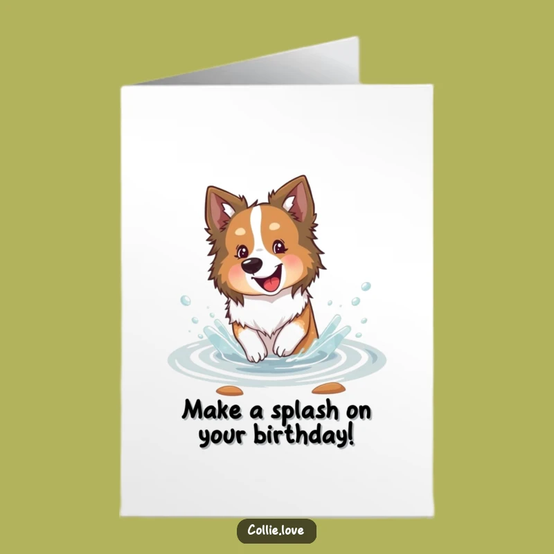Free Printable Birthday Card: Funny Collie Stream Splash, Joyful Dog Downloadable Gift