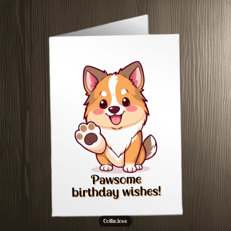 Funny Free Printable Birthday Card: a Kawaii Collie offers a paw with a friendly smile, wishing a happy birthday.