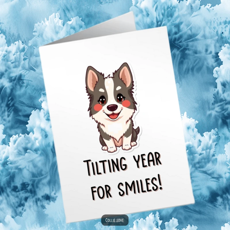 Funny free printable birthday card featuring a Collie dog tilting its head with a huge, goofy smile.