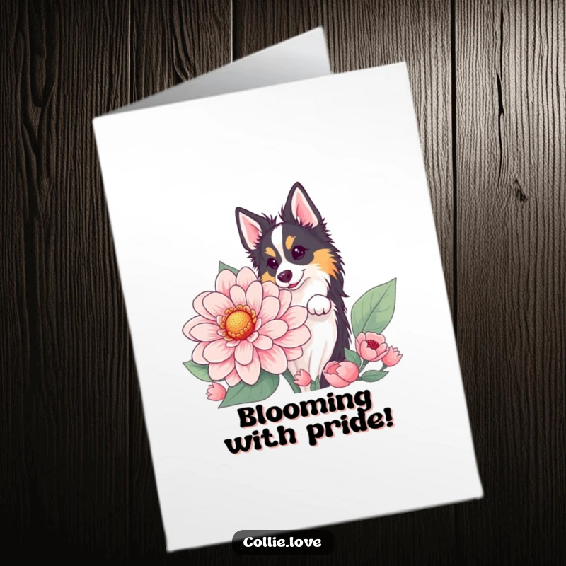 Funny free printable congratulations card featuring a Collie dog peeking from behind a giant, colorful flower.
