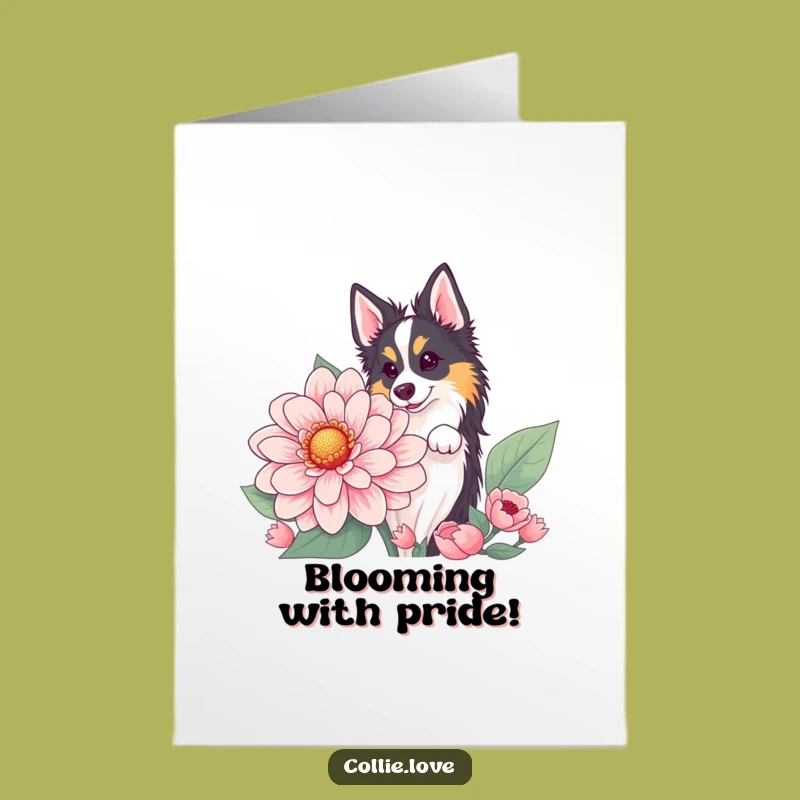 Free Printable Collie Congrats Card: Flower Peek Downloadable Surprise