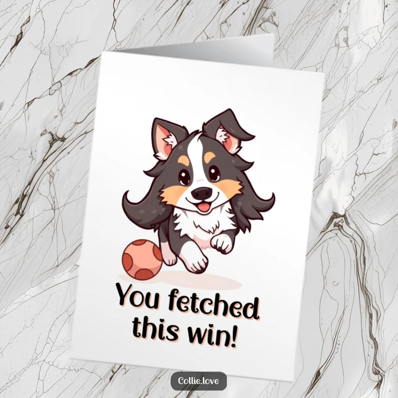 Funny Free Printable Collie Congrats Card: Cute dog with floppy ears playfully chases a bouncy ball.
