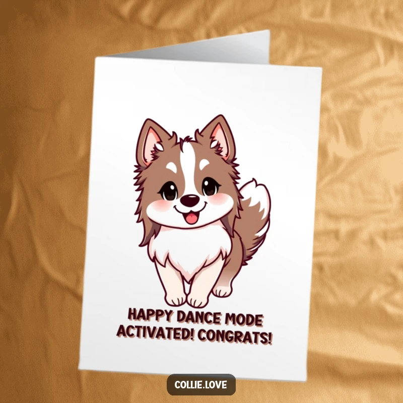 Funny Free Printable Collie Congratulations Card: A beaming Collie dog with ears up and tail wagging, radiating pure celebratory joy.