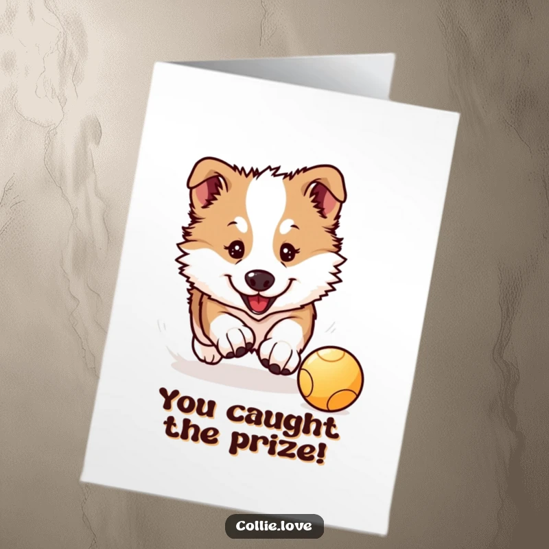Cute Free Printable Congratulations Card: Kawaii Collie puppy focused on chasing a bouncing ball, celebrating success.