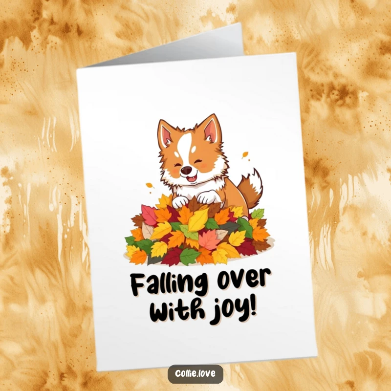 Funny Free Printable Congratulations Card: A cheerful Collie playfully nudges a colorful heap of fallen leaves.