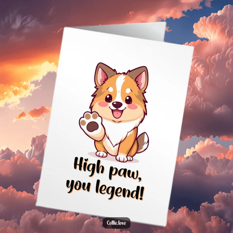 Funny Free Printable Congratulations Card: a Kawaii Collie offers a paw with a smile, ready to celebrate achievements.