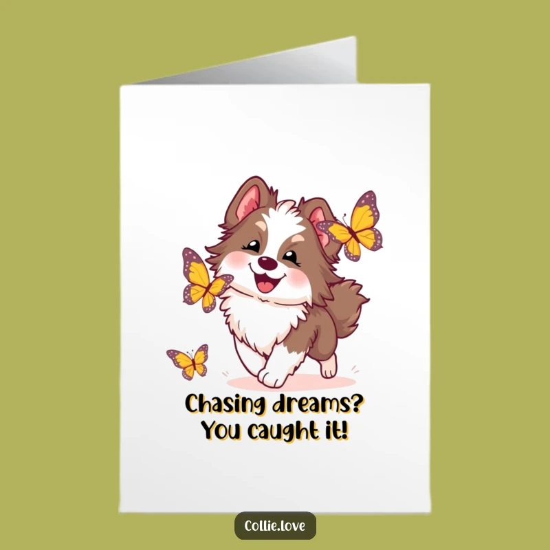 Free Printable Congrats Card: Funny Collie Dog Chasing Butterfly, Joyful Downloadable Gift