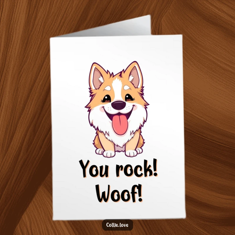 Funny Free Printable Congrats Card: Kawaii Collie beams with a silly grin and tongue out, full of celebratory spirit.