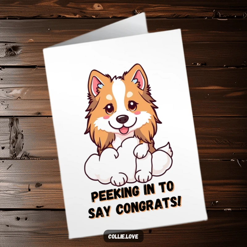 Funny Free Printable Congratulations Card: a Kawaii Collie peeking from a cloud, symbolizing delightful and unexpected success.