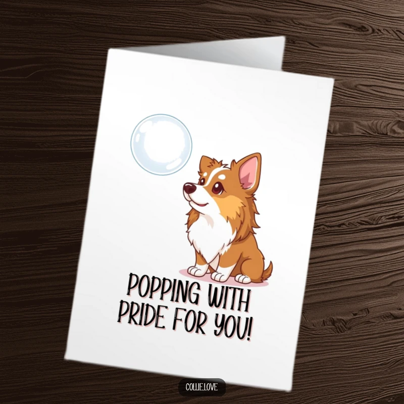 Funny Free Printable Congratulations Card showing a Collie dog curiously observing a single floating bubble.