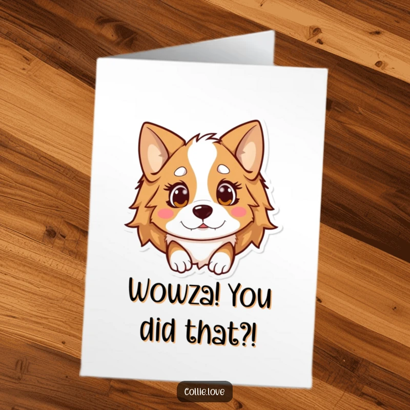 Funny Free Printable Congratulations Card: a Kawaii Collie with surprised, floppy ears, celebrating an unexpected win.