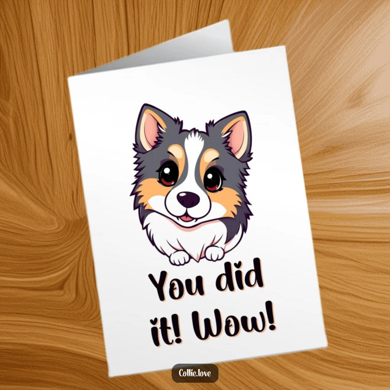 Funny Free Printable Congrats Card: Inquisitive Kawaii Collie head tilt, a sweet yet humorous way to say congrats.