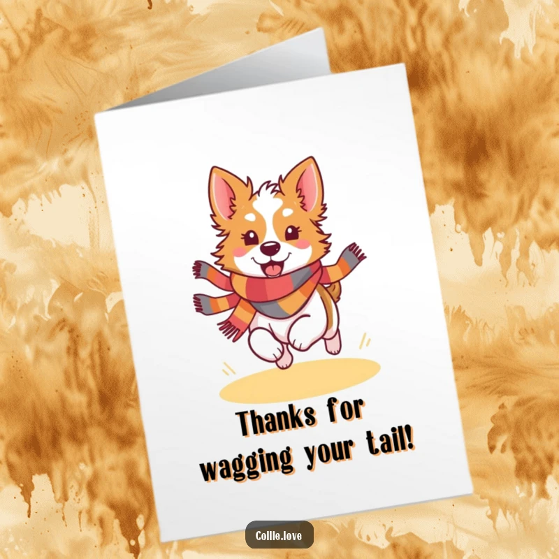 Funny Free Printable Collie Thank You Card: A dog sports a colorful scarf while running joyfully.