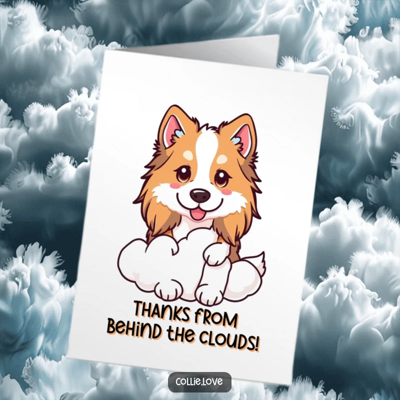 Funny Free Printable Thank You Card: a Kawaii Collie peeking from a cloud, adding a whimsical touch to thanks.