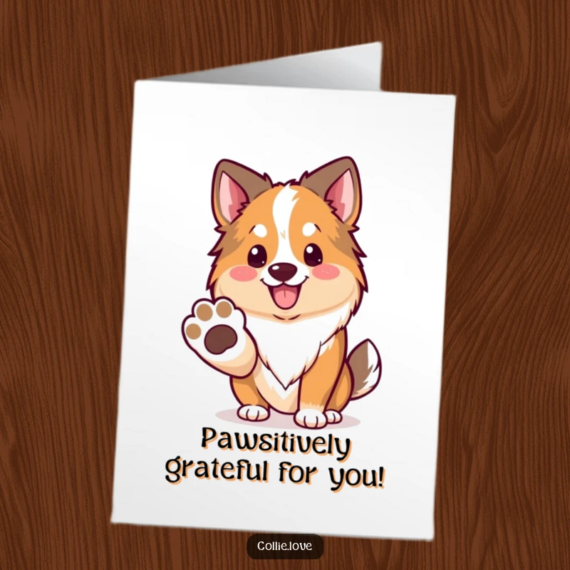 Funny Free Printable Thank You Card: a Kawaii Collie offers a paw with a friendly smile, perfect for gratitude.