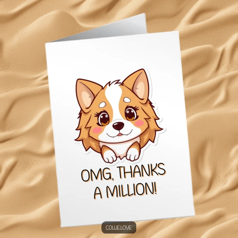Funny Free Printable Thank You Card: a Kawaii Collie with surprised, floppy ears, adding humor to gratitude.