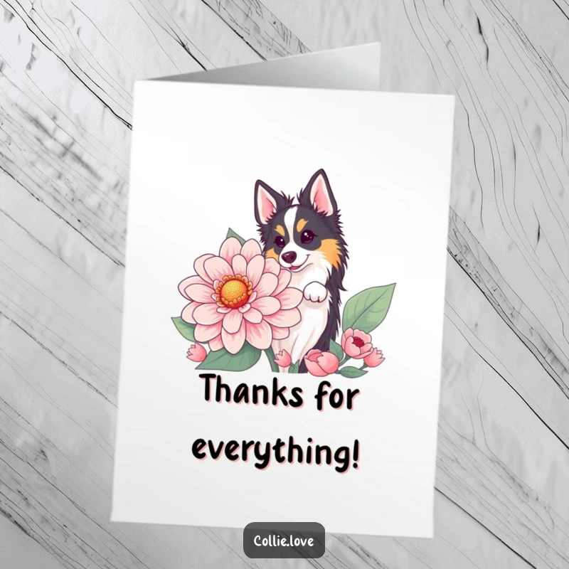 Free printable thank you card with a Collie dog peeking out from behind an oversized, vibrant flower.