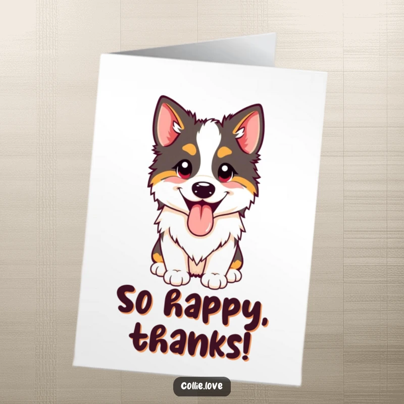 Free printable thank you card showing a happy Collie dog with its tongue out, panting with joy.