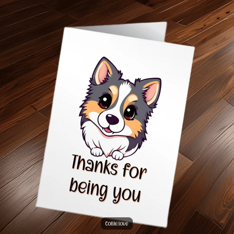 Funny Free Printable Thank You Card: Kawaii Collie stares curiously, a unique way to show appreciation to dog lovers.