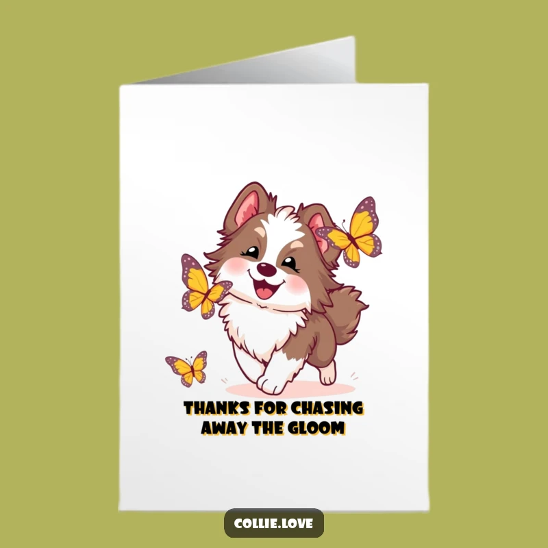 Free Printable Thank You Card: Funny Collie Dog Chasing Butterfly, Grateful Downloadable Gift