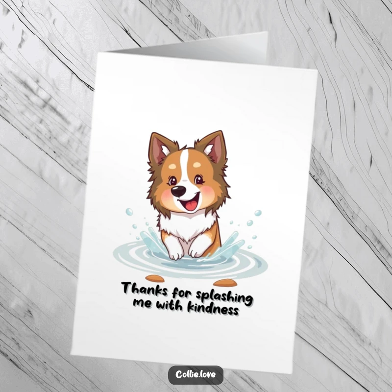 Funny Free Printable Thank You Card: Collie dog happily splashing water, offering thanks with delight.