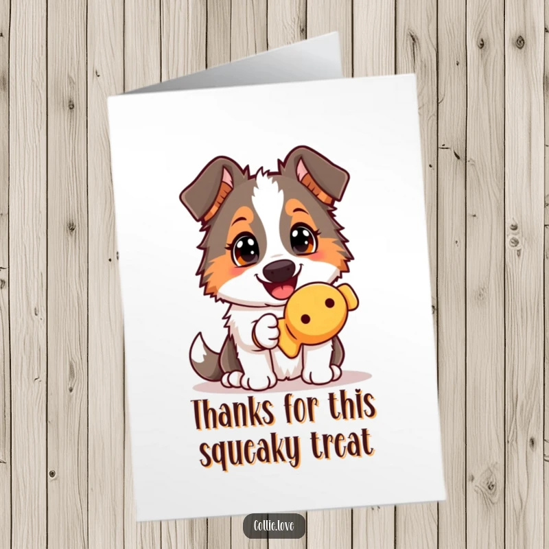 Funny Free Printable Thank You Card: Collie dog happily offers a squeaky toy as a thank you.