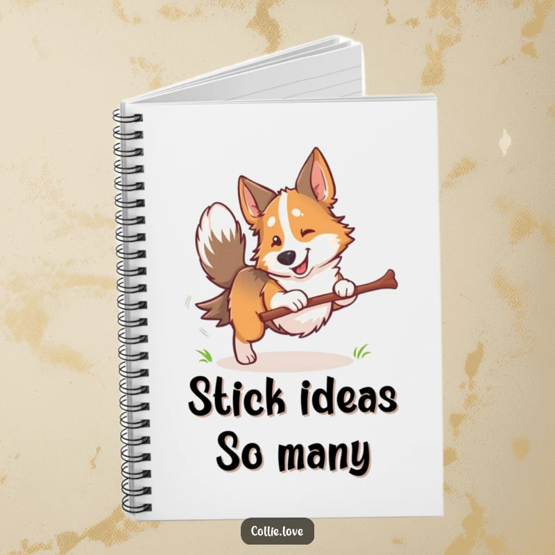 Funny Collie dog notebook, tail wagging, with a stick, ready to play, perfect for jotting down notes with canine cheer.