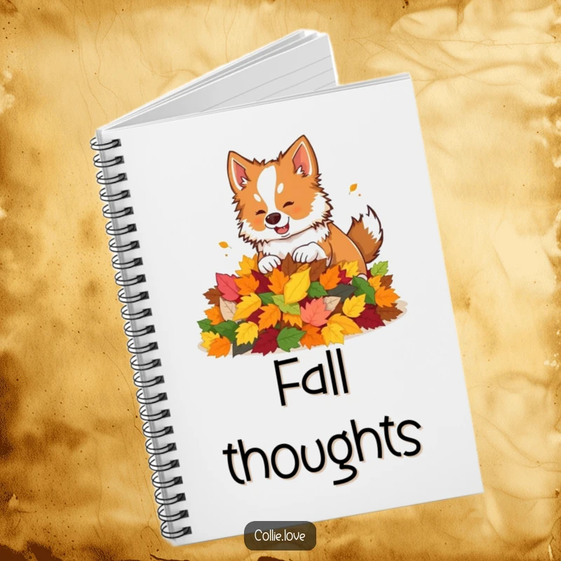 Funny notebook cover featuring a Collie dog playfully nudging a pile of colorful autumn leaves.