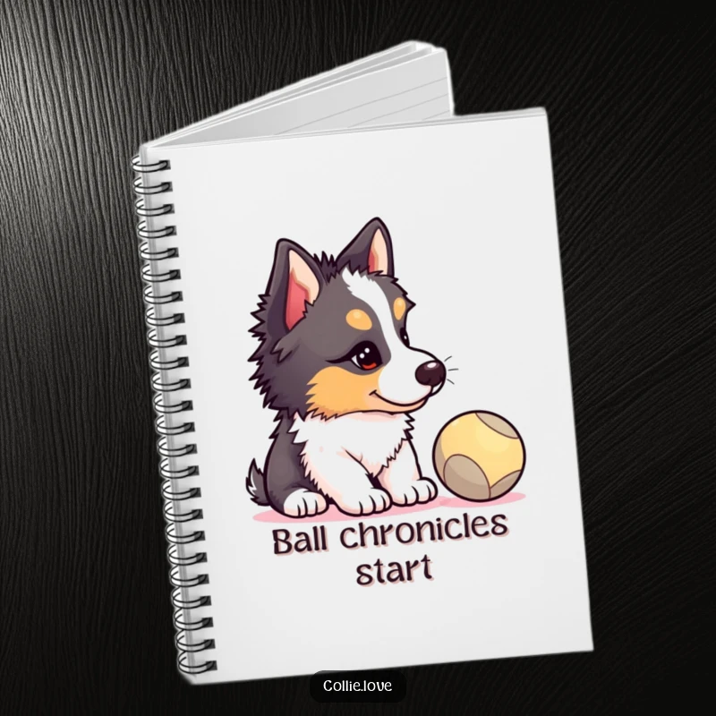 Funny Collie puppy notebook, head tilted, comically focused on a ball, a hilarious design for dog lovers, perfect funny gift.