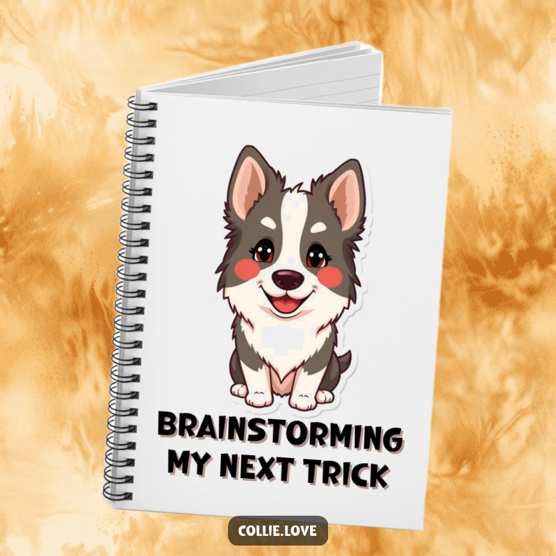 Funny Collie smile notebook with a dog doing a lovable head tilt. Ideal for note-taking and a funny gift.