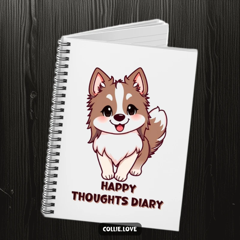 Funny Collie notebook, ears perked, tail wagging happily, and a wide smile, a hilarious design for dog lovers, perfect funny gift.