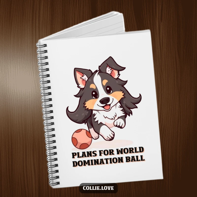 Funny Kawaii Collie notebook with a cover illustration of a floppy-eared dog joyfully chasing a bouncing ball, ideal for notes.