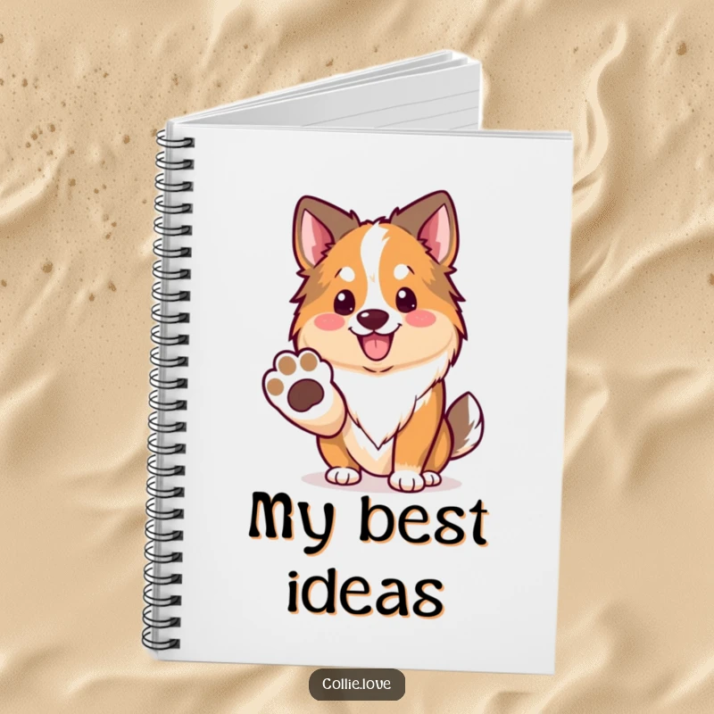 Funny Kawaii Collie Notebook, a dog offering its paw with a smile, perfect for writing.