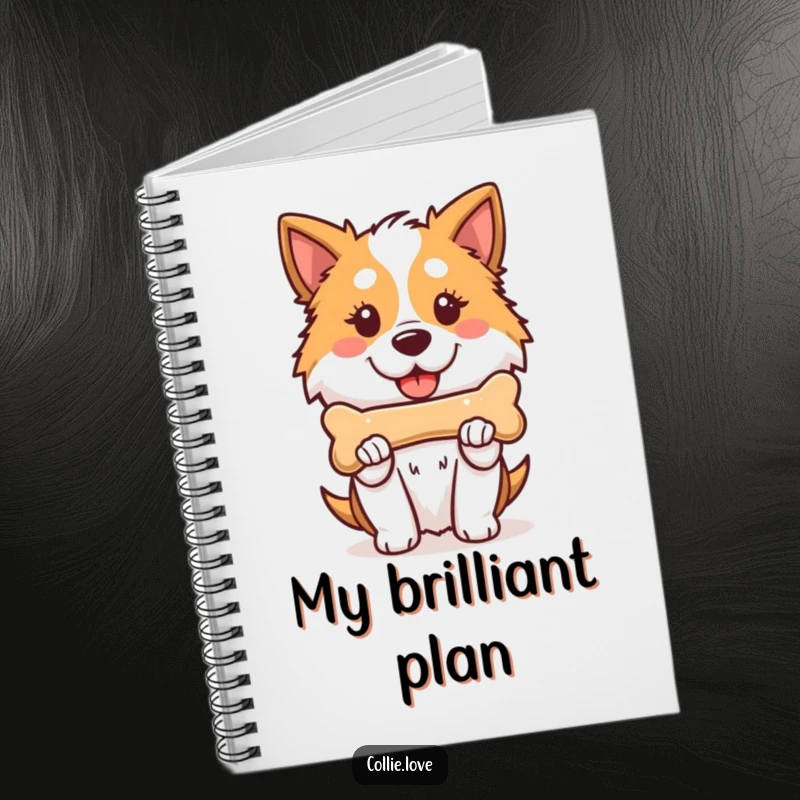 Funny Kawaii Collie Notebook, a proud doggy holding a bone, perfect for writing notes and journaling.