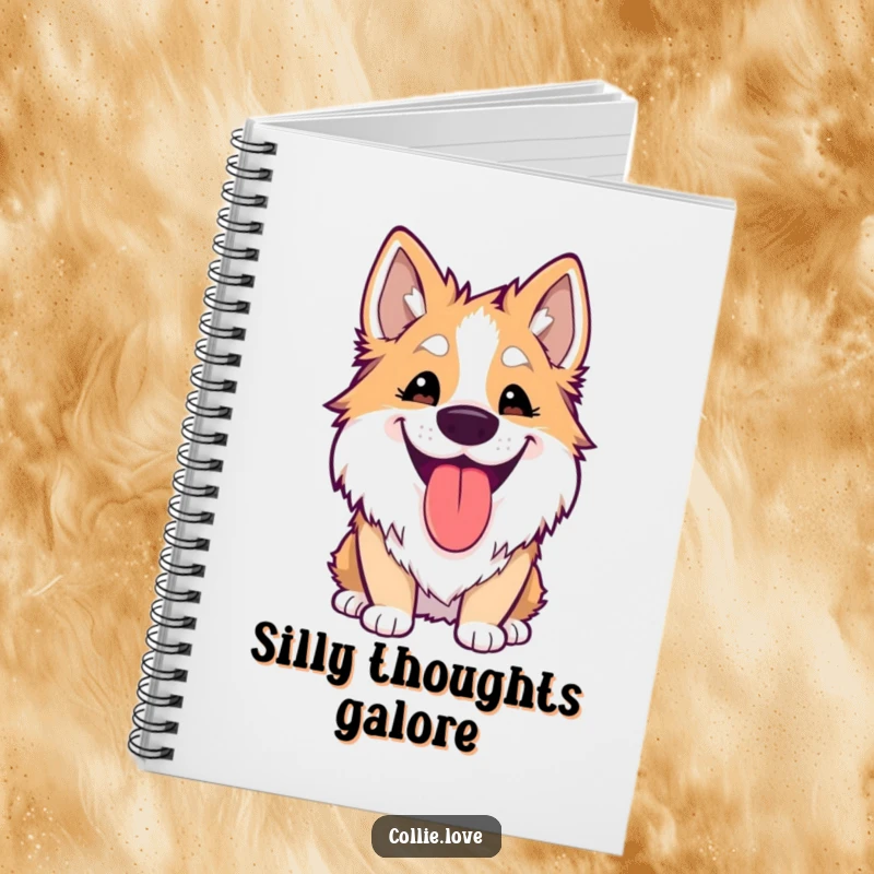 Funny Kawaii Collie Notebook featuring a dog’s silly grin and lolling tongue, ideal for notes and happy thoughts.