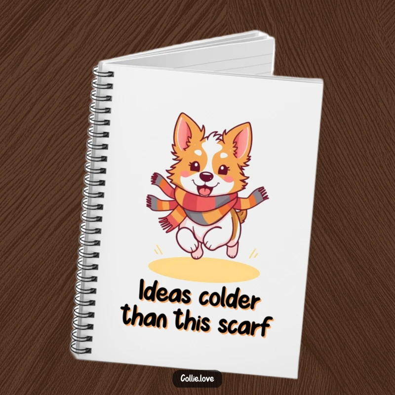 Funny Kawaii Collie notebook featuring a joyful dog in a colorful scarf, running happily, ideal for notes and journaling.