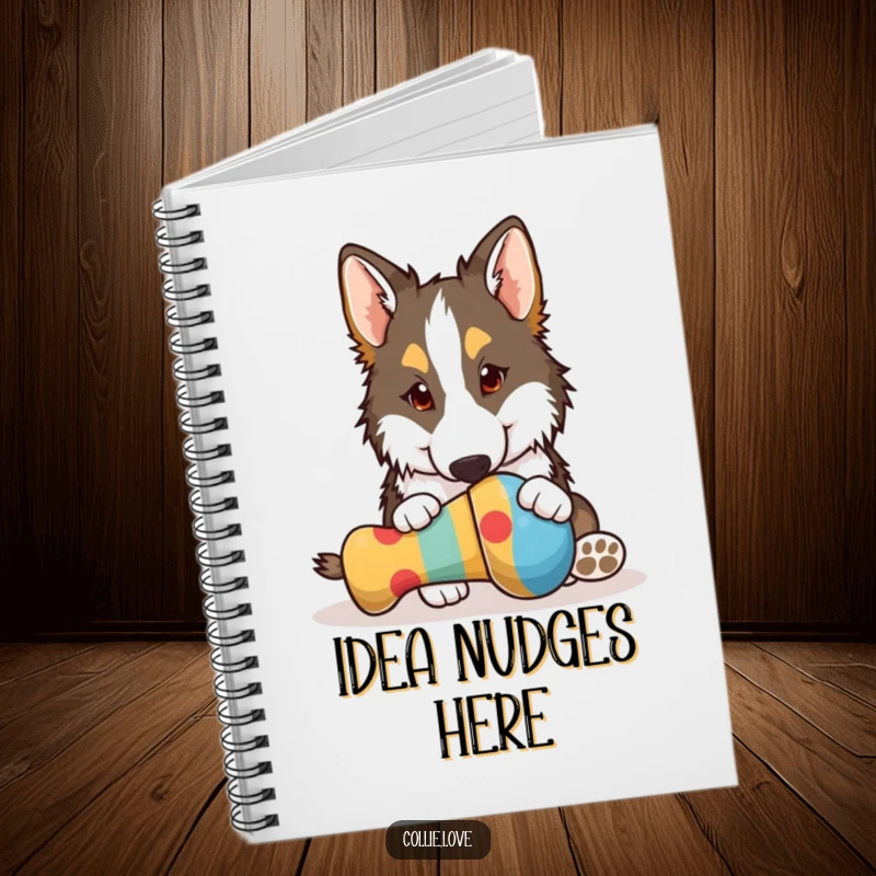 Funny Collie notebook, playfully nudging a colorful dog toy with its nose, a hilarious design for dog lovers, perfect funny gift.