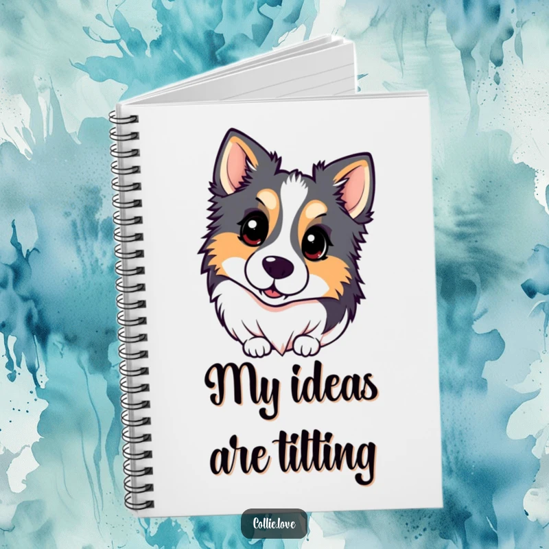 Funny Kawaii Collie Notebook featuring a dog tilting its head inquisitively, great for notes and journaling.