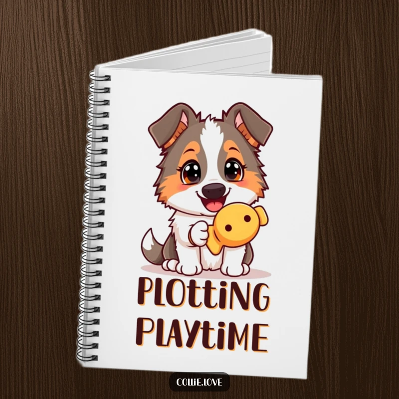 Funny Collie dog notebook, offering a squeaky toy with an eager gaze, perfect for jotting down creative thoughts with canine enthusiasm.