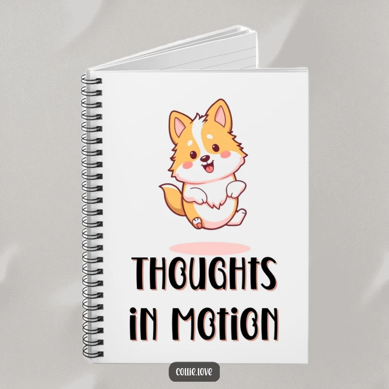 Funny Kawaii Collie Notebook, a dog doing a happy spin, perfect for writing and journaling.