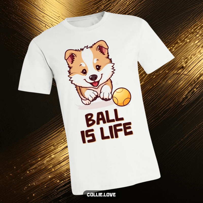 Funny Collie Puppy T-Shirt: A cute Kawaii Collie puppy is in full pursuit of a bouncing ball, looking determined.