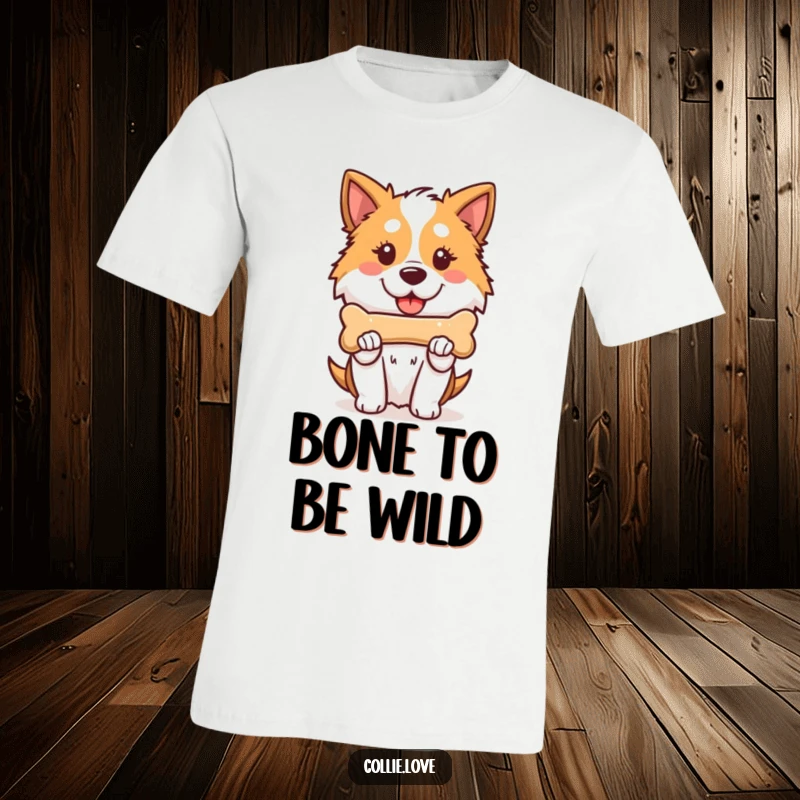 Funny Kawaii Collie T-Shirt, a proud doggy holding a bone in its mouth, looking super happy and cute.