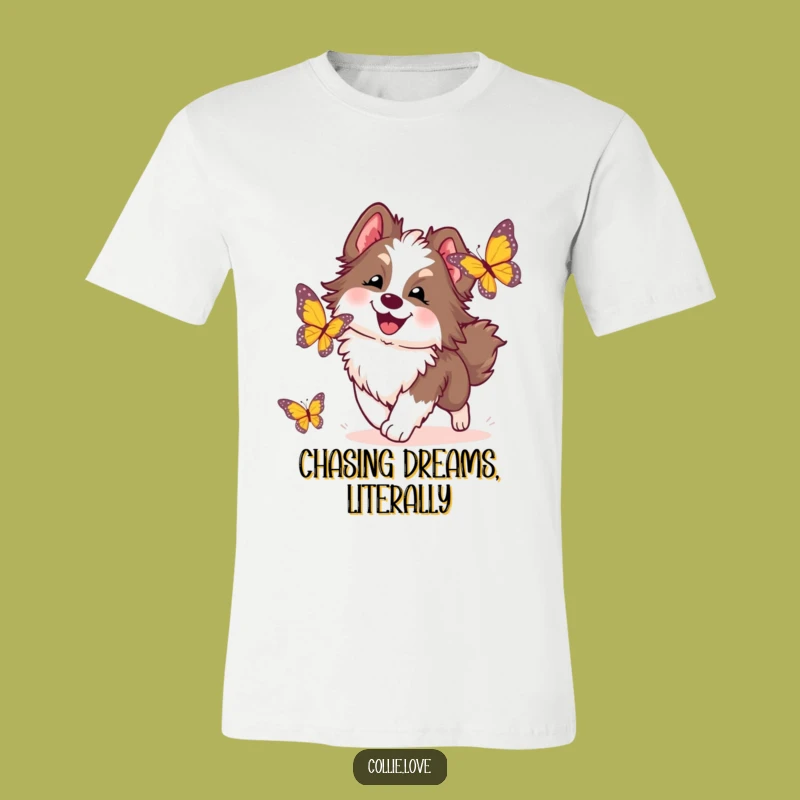 Funny Collie Dog T-Shirt: Joyful Butterfly Chase Graphic Tee, Perfect Humorous Dog Lover Gift