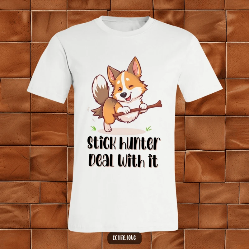 Funny Collie dog t-shirt, tail wagging furiously, mid-fetch with a stick, showcasing boundless energy and canine enthusiasm.