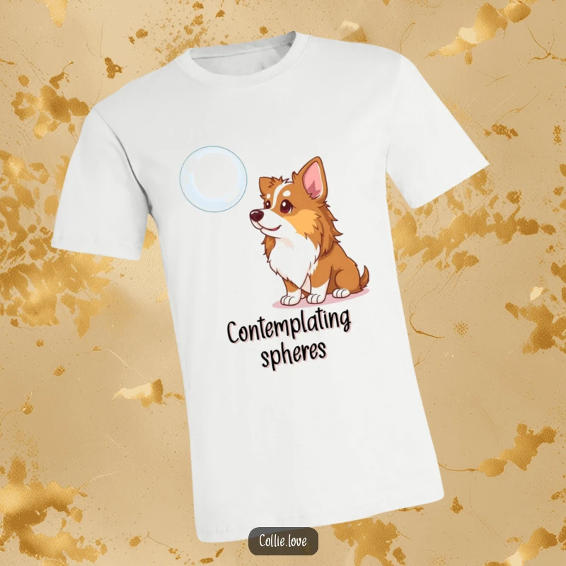 Funny Collie Dog T-Shirt: A curious Collie with a head tilt, intently watching a floating bubble, embodying innocent fascination and humor.
