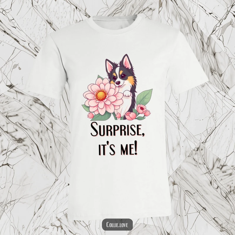 Funny Collie flower peek t-shirt, a dog curiously looking from behind a large flower. Humorous funny gift.